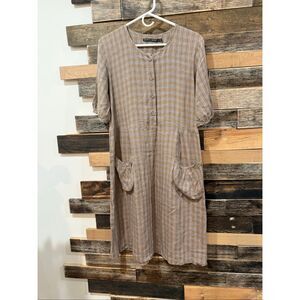 Gudrun Sjoden brown midi dress short sleeve button pockets size Medium